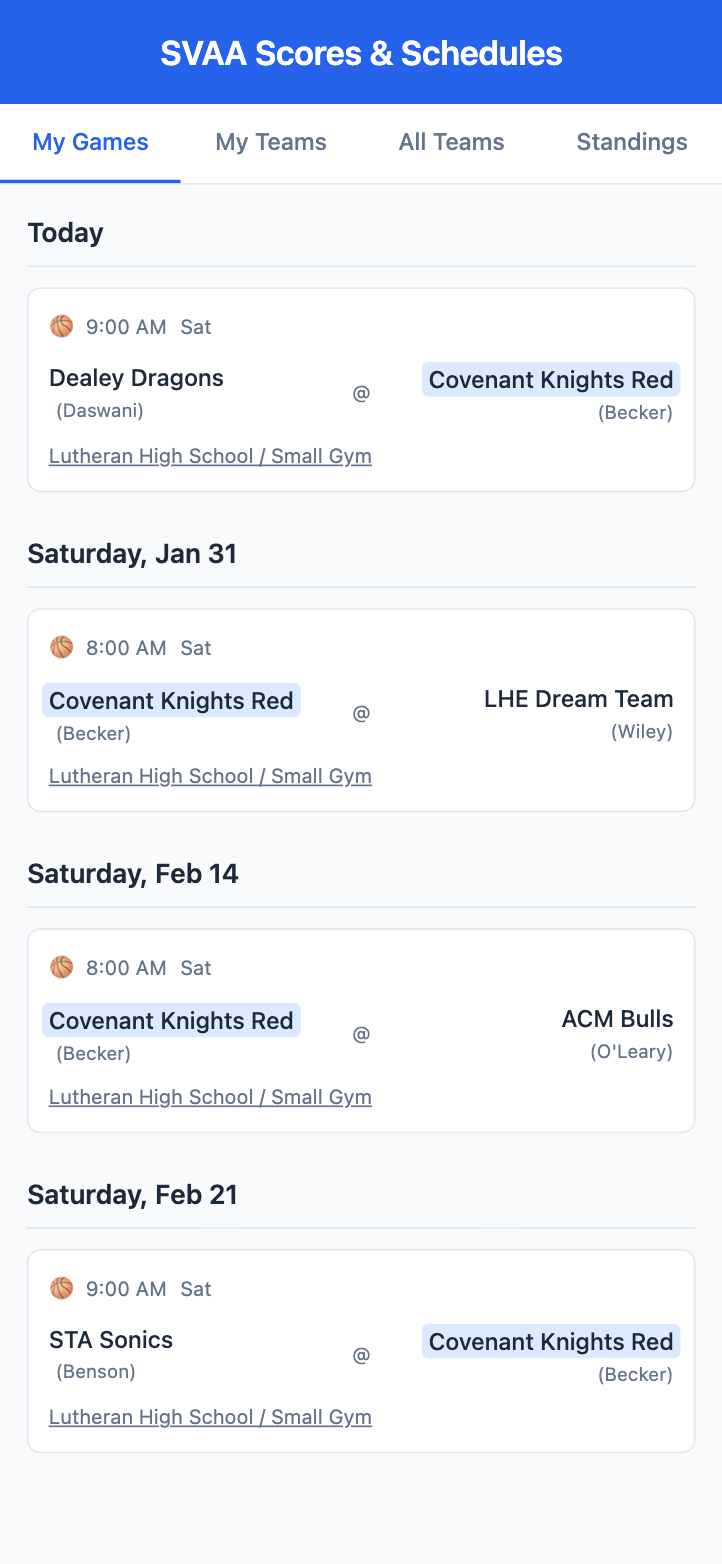 The My Games screen listing upcoming games for two starred teams, with times and fields